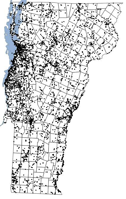 Locations of the 2013 Vermont eBird Checklist sites. Only three towns were not visited by Vermont eBirders in 2013.