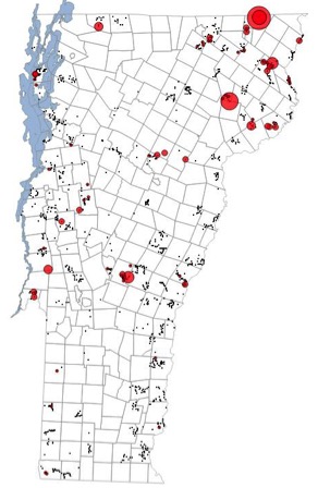 Relative abundance of Yellow-banded Bumble Bee found during the Vermont Bumble Bee Survey (2012-2013). Red circles indicated total observations on each survey from 1 (small circles) to 8 (largest circles) individuals. Black dots are surveys in which none were found. 