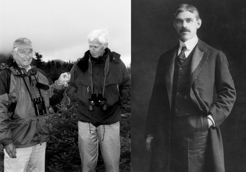Left: Gene and Wick Doggett with Bicknell’s Thrush on Mt. Mansfield, June 2003. Right: Eugene P. Bicknell, the discoverer of Bicknell’s Thrush, ca. 1881.