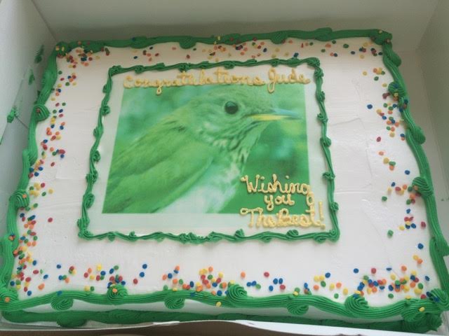Surely the only confection ever to feature a Bicknell's Thrush, Jude's farewell cake from a legion of dedicated of MBW volunteers at her final training workshop.