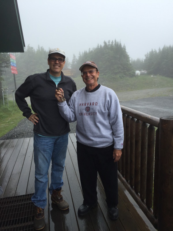 Ramon Lloveras and Jorge Gonzalez with a banded Bicknell's Thrush on a soggy Mt. Mansfield day.