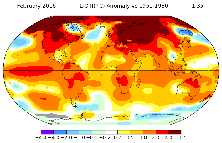 Average global surface temperature in February was 1.35 degrees Celsius above normal according to data released by NASA.