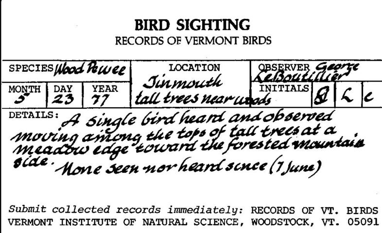 An historic bird obserrvation card from the Records of Vermont Birds.