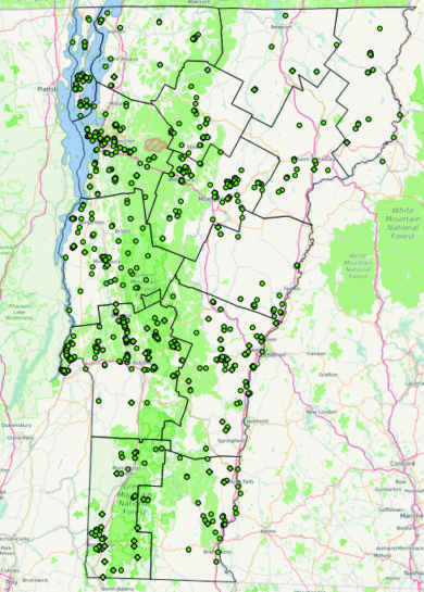 eButterfly at a glance! Each green dot is a butterfly checklist submitted for Vermont in 2016. 