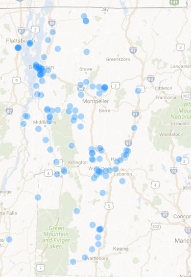 Red Fox observations reported to iNaturalist Vermont. You can add your sightings to the map too. 