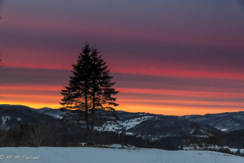 A spectacular end to a short winter day snow shoeing in Woodstock, Vermont. © K.P. McFarland