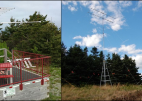 Examples of Motus tower arrays on Grand Manan Island, New Brunswick (left) and in a field (right). Photos courtesy of Birds Canada.
