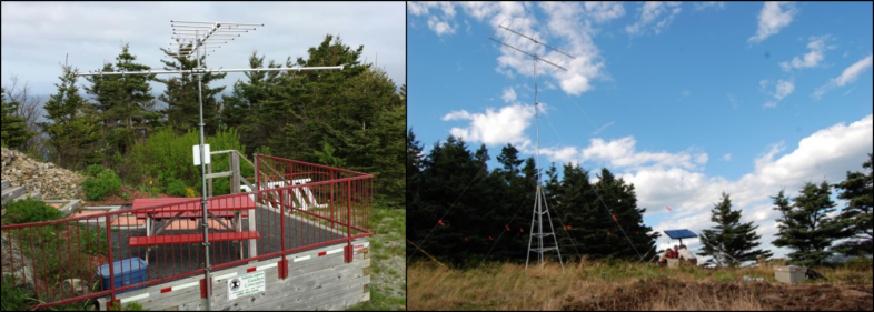 Examples of Motus tower arrays on Grand Manan Island, New Brunswick (left) and in a field (right). Photos courtesy of Birds Canada.