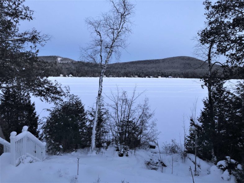 Photo of snow- and ice-covered Maidstone Lake, surrounded by trees, hills, and houses.