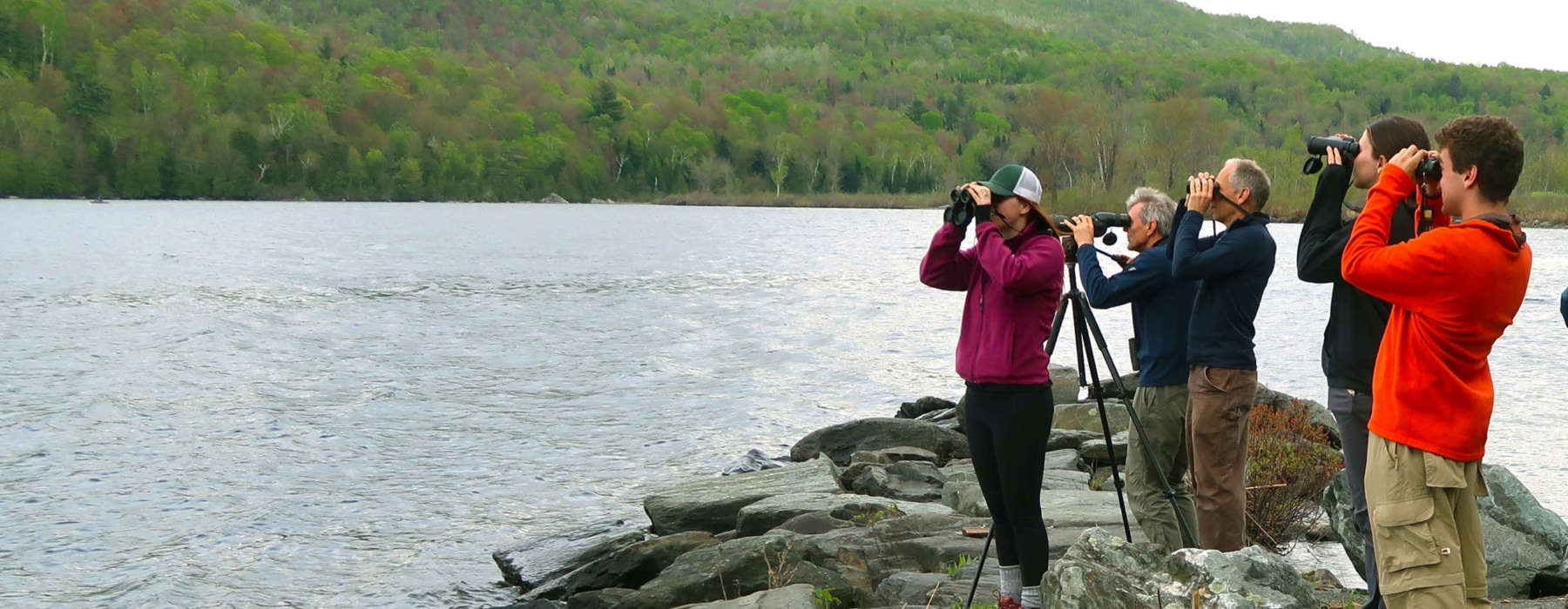 Birders looking through binoculars on the rocky shore of a lake in early spring.